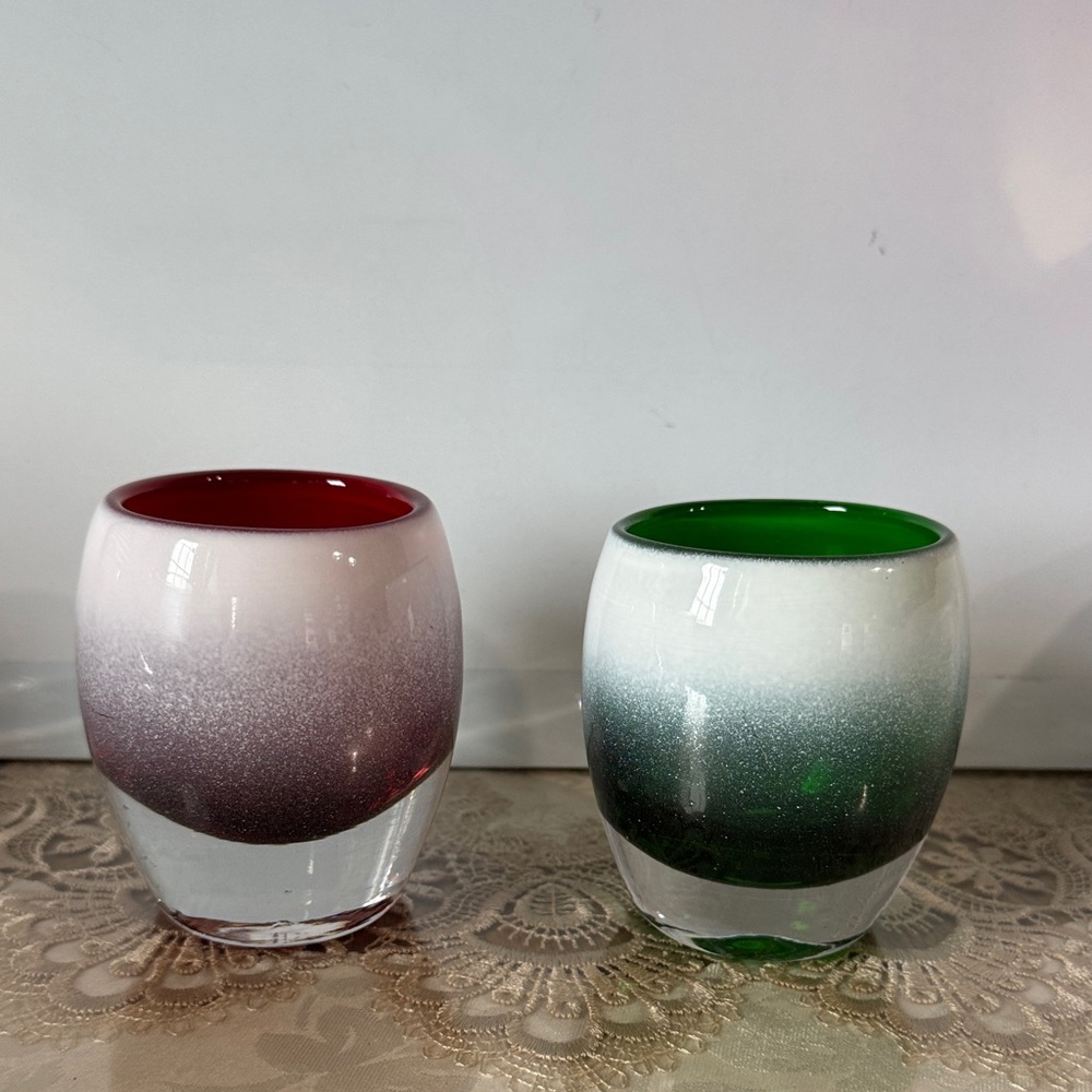 Pair of Holiday Frosted Round Glass Votive Candle Holders,w/a clear base